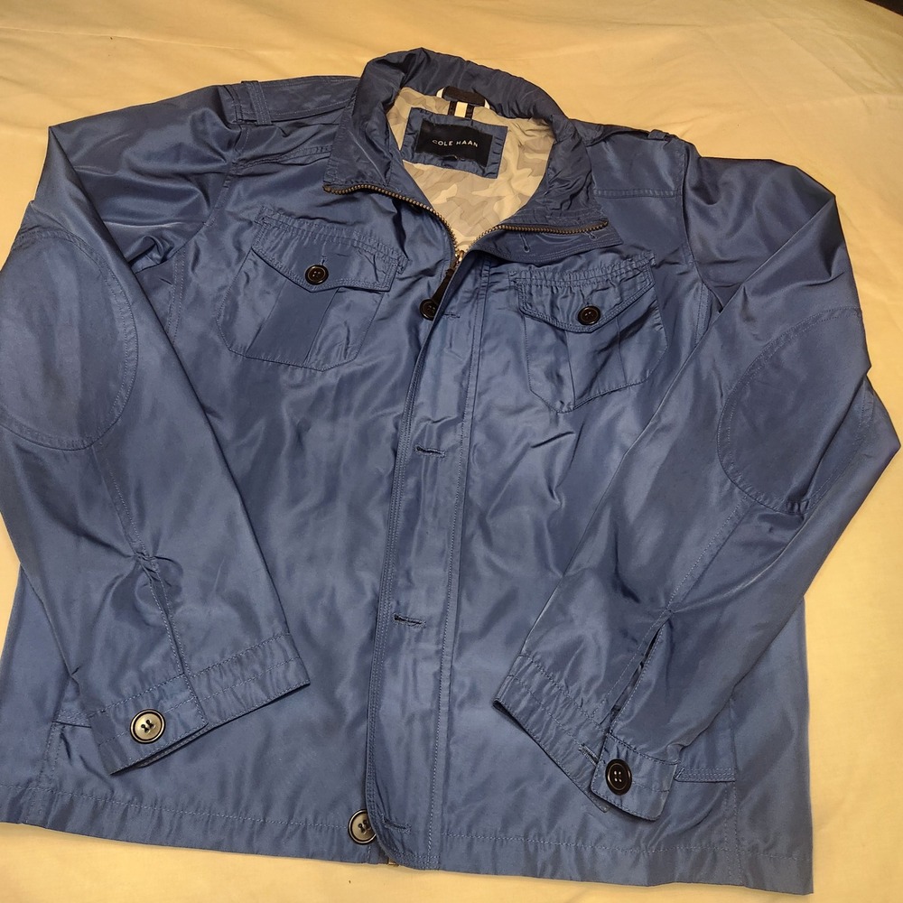 Cole Haan Mens Blue Utility Field Jacket Camo Lining Large Elbow Patches